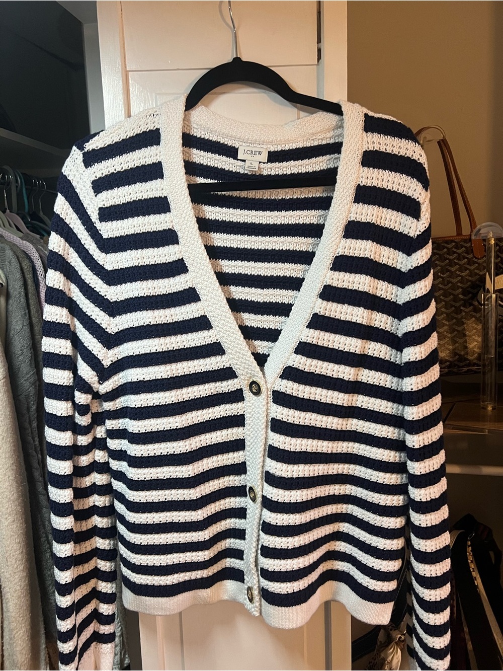 J. Crew Navy and White Striped V-Neck Button Cardigan